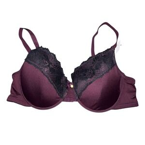 Adrienne Vittadini Purple With Black Lace Trim Underwire Bra Women Plus Size 42D